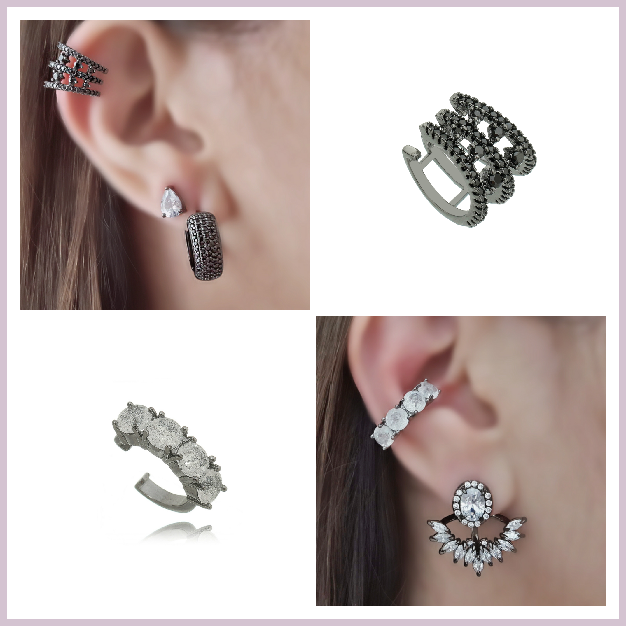 Cravejadas com zircônias ou cristais, os piercings falsos caem perfeitamente com um par de Ear Jacket, Ear Cuff, Stud ou Ear Hook. 