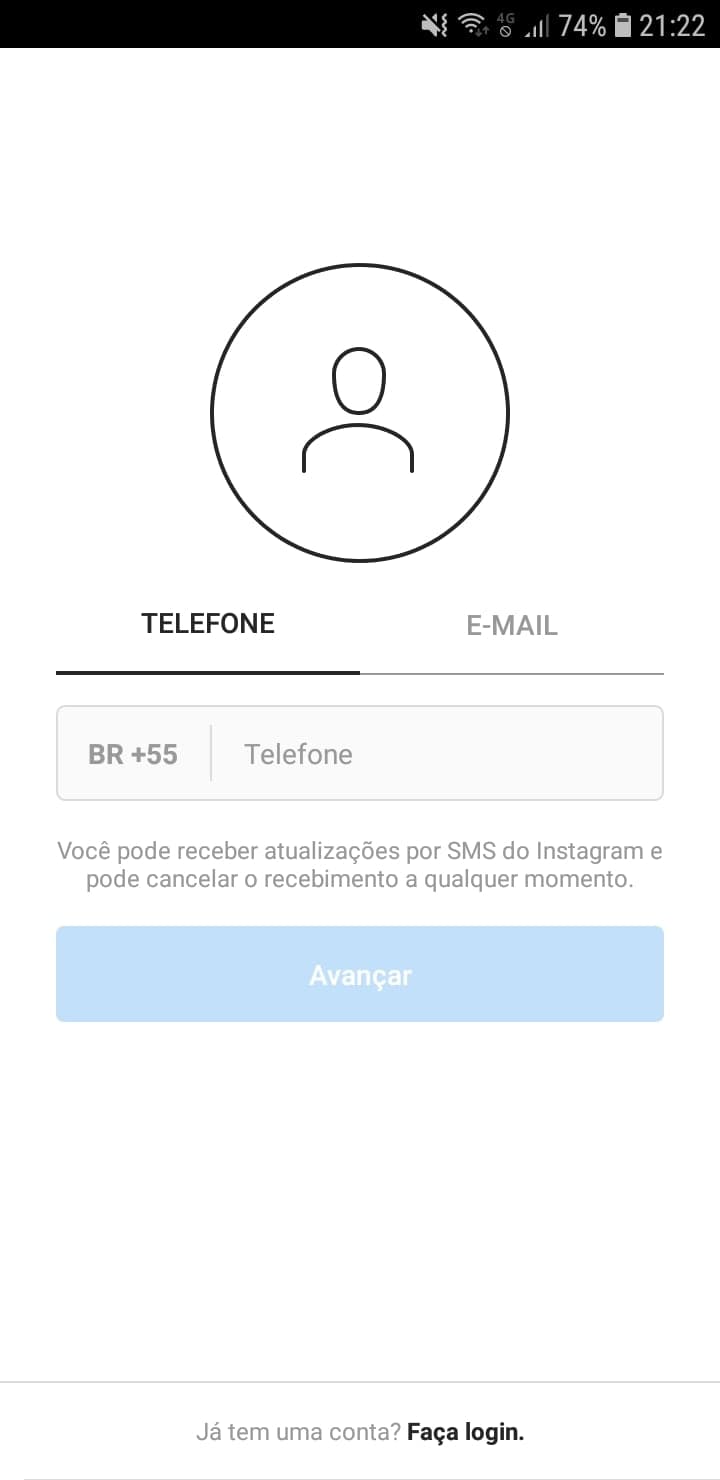 Printscreen de conta sendo criada no Instagram. Opção de entrar com um número de telefone.