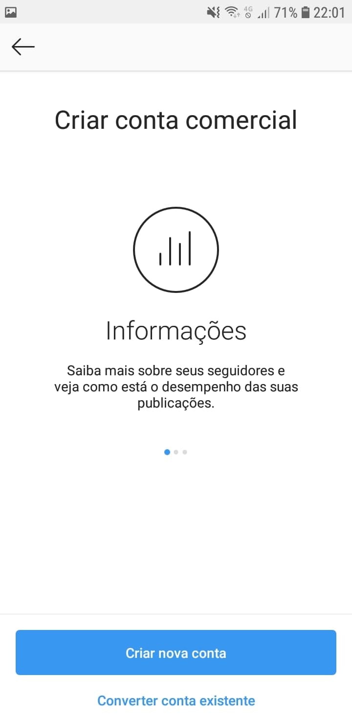 Printscreen da primeira tela do processo de criar perfil empresa no Instagram, após criar uma conta pessoal. As duas opções para continuar ficam em azul, abaixo.