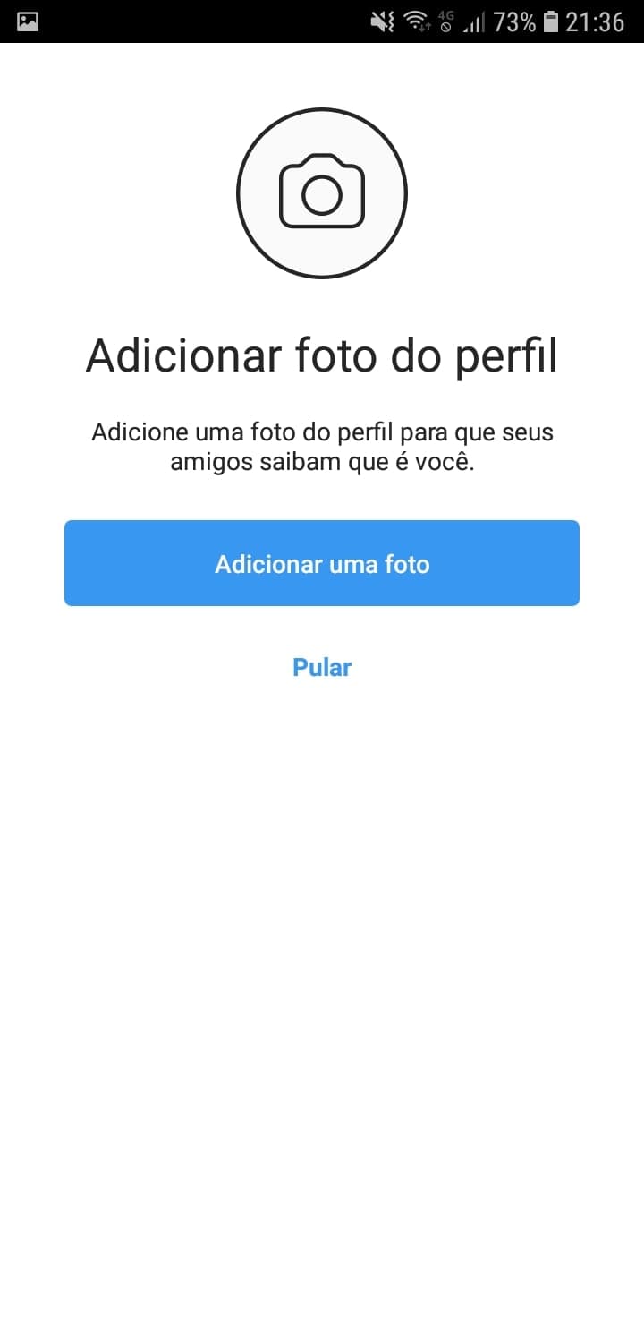 Printscreen de conta sendo criada no Instagram. Tela com a possibilidade de adicionar foto do perfil.