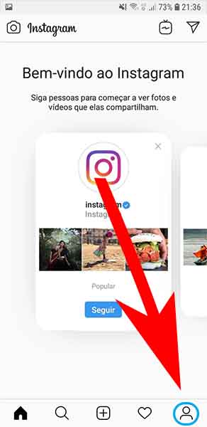 Printscreen da tela inicial do Instagram após preenchimento dos dados pelo usuário. Meio do caminho para criar perfil empresarial no Instagram.