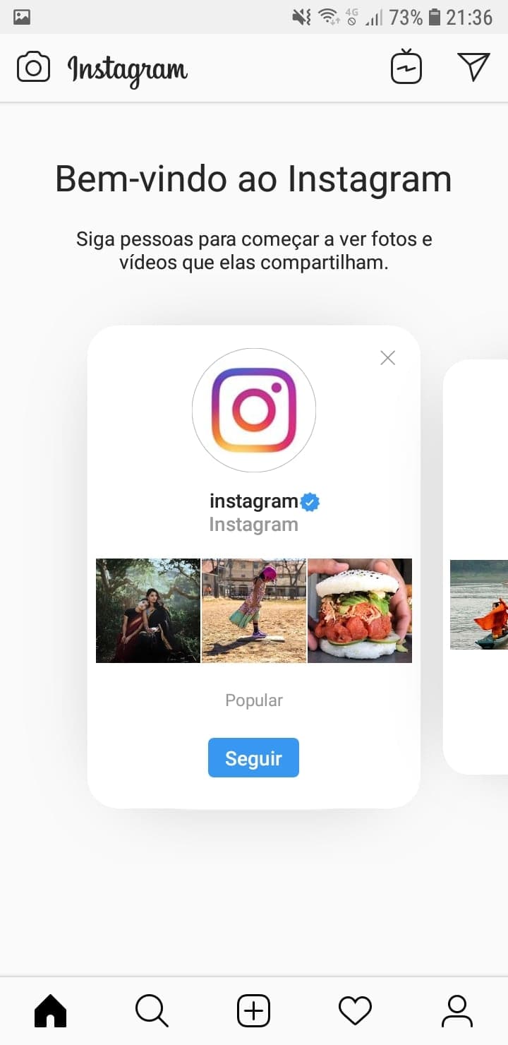 Printscreen de conta sendo criada no Instagram. Tela com as boas vindas do Instagram após criar uma nova conta.
