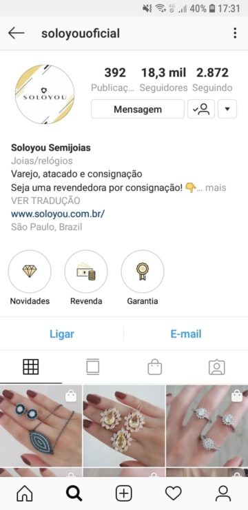 Exemplo de perfil empresa no Instagram, para auxiliar ao criar perfil empresa no Instagram. Perfil da loja Soloyou, exibindo telefone, e-mail, site da loja e destaques.