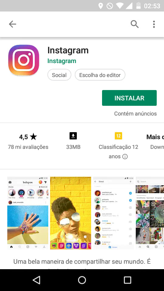 Printscreen da página da Play Store onde é baixado o aplicativo Instagram. Primeiro passo para como criar perfil empresa no instagram.