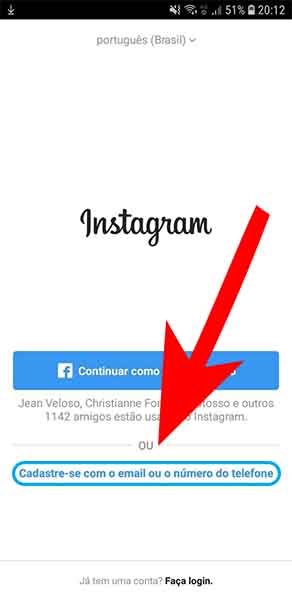 Printscreen da tela inicial do Instagram, antes do cadastro. Passos inicias para criar perfil empresa no Instagram.
